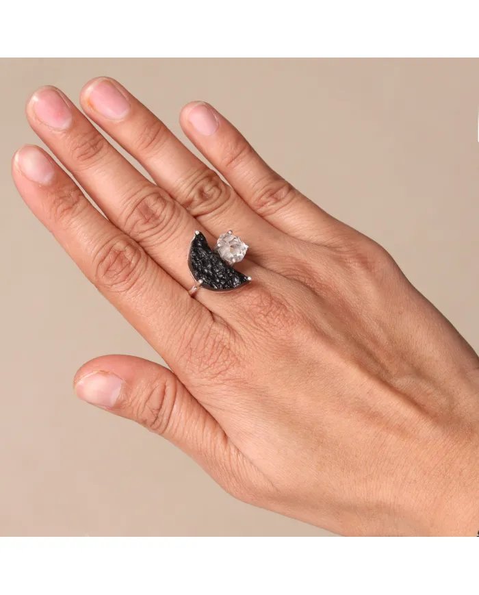 Raw Tektite Crescent Moon Ring with Herkimer Diamond in Sterling Silver