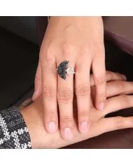 Raw Tektite Crescent Moon Ring with Herkimer Diamond in Sterling Silver