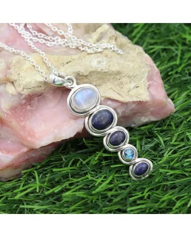 Moonstone Pendant & Lapis Pendant - Sterling Silver Pendant Swiss Blue Topaz Statement Jewelry for Women