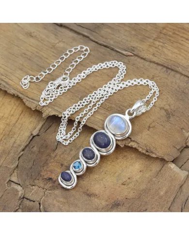 Moonstone Pendant & Lapis Pendant - Sterling Silver Pendant Swiss Blue Topaz Statement Jewelry for Women