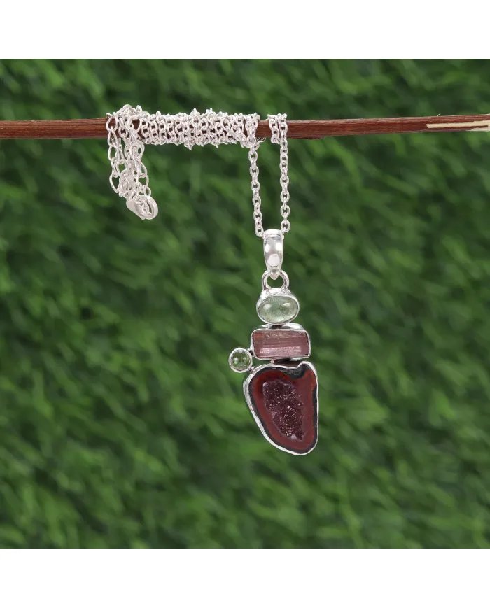 Natural Tabasco Geode & Tourmaline Pendant - Sterling Silver Pendant Handmade Pendant Unique Pendant