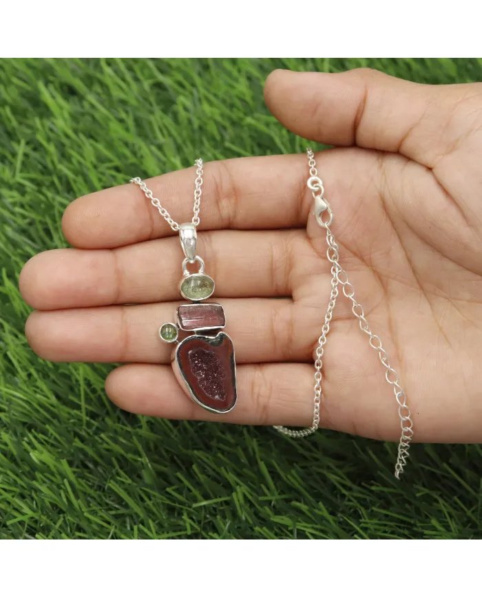 Natural Tabasco Geode & Tourmaline Pendant - Sterling Silver Pendant Handmade Pendant Unique Pendant