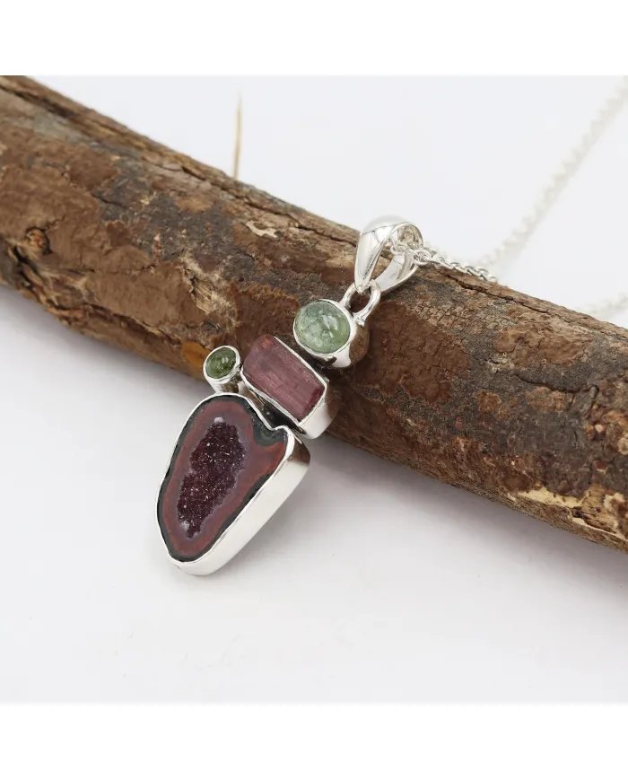 Natural Tabasco Geode & Tourmaline Pendant - Sterling Silver Pendant Handmade Pendant Unique Pendant