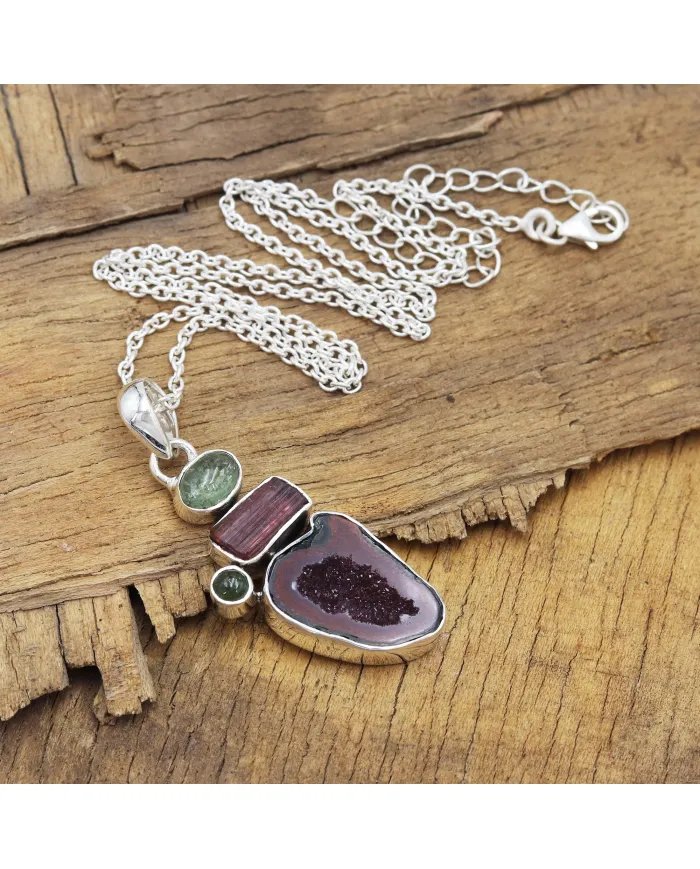 Natural Tabasco Geode & Tourmaline Pendant - Sterling Silver Pendant Handmade Pendant Unique Pendant