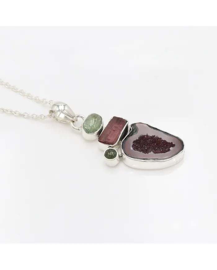 Natural Tabasco Geode & Tourmaline Pendant - Sterling Silver Pendant Handmade Pendant Unique Pendant