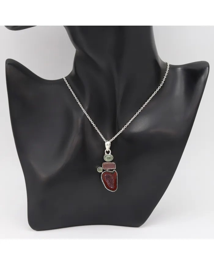 Natural Tabasco Geode & Tourmaline Pendant - Sterling Silver Pendant Handmade Pendant Unique Pendant