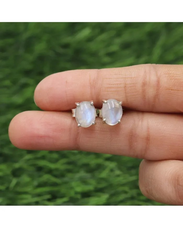 Rainbow Moonstone Studs - Sterling Silver Studs Gemstone Stud Handmade Earrings Minimalist Studs for Women