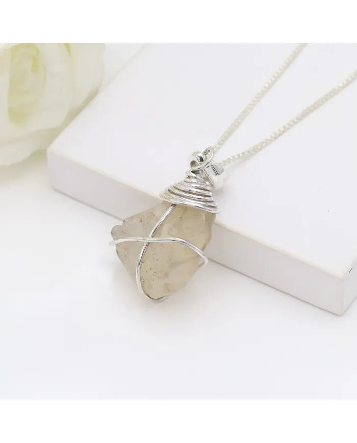 Raw Libyan Desert Glass Silver Pendant - Sterling Silver Pendant Handmade Pendant Statement Pendant with Chain