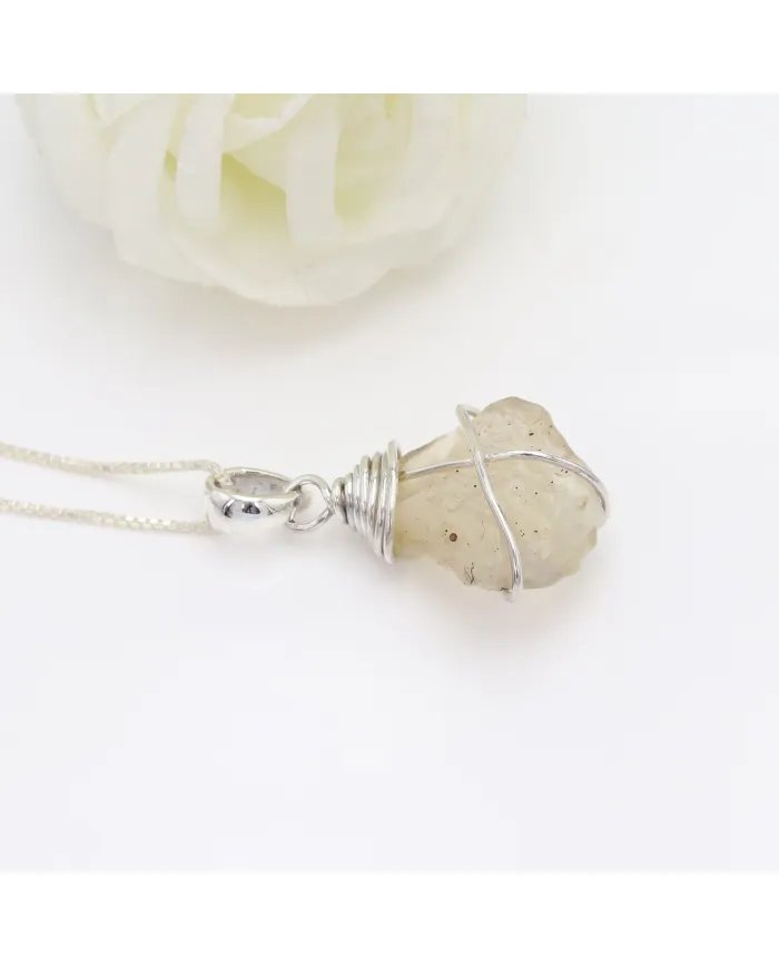 Raw Libyan Desert Glass Silver Pendant - Sterling Silver Pendant Handmade Pendant Statement Pendant with Chain
