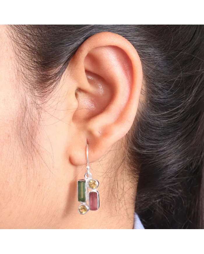 Tourmaline & Citrine Dangle Earrings - 925 Sterling Silver Jewelry