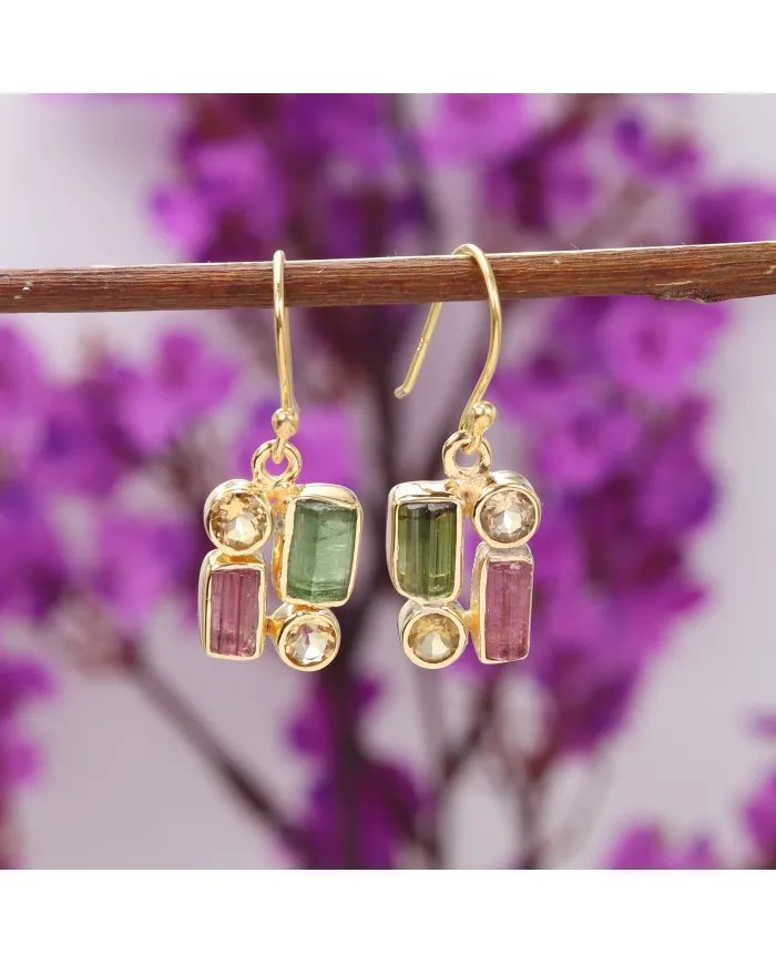 Tourmaline & Citrine Earrings Gold Plated - Sterling Silver Earrings Ear Wire Earrings Handmade Dangle Earrings Women's Earrings