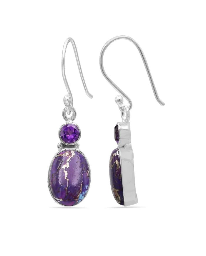 Purple Copper Turquoise Earrings - Sterling Silver Earrings Amethyst Earrings Handmade Pendant Silver Dangle Earrings for Women