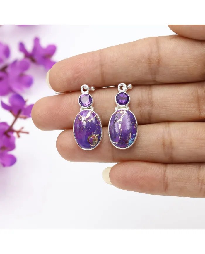 Purple Copper Turquoise Earrings - Sterling Silver Earrings Amethyst Earrings Handmade Pendant Silver Dangle Earrings for Women
