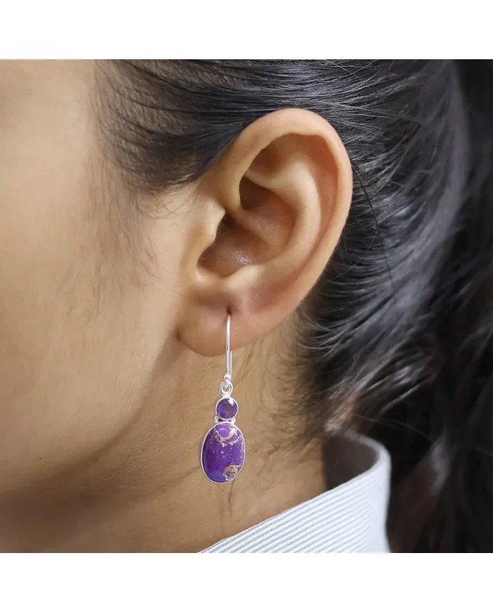 Purple Copper Turquoise Earrings - Sterling Silver Earrings Amethyst Earrings Handmade Pendant Silver Dangle Earrings for Women