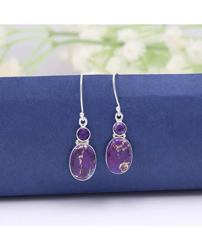 Purple Copper Turquoise Earrings - Sterling Silver Earrings Amethyst Earrings Handmade Pendant Silver Dangle Earrings for Women