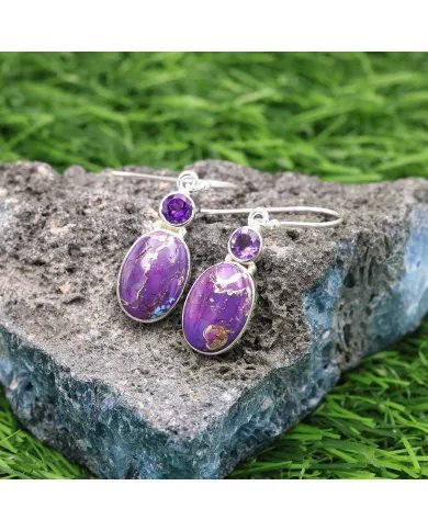Purple Copper Turquoise Earrings - Sterling Silver Earrings Amethyst Earrings Handmade Pendant Silver Dangle Earrings for Women