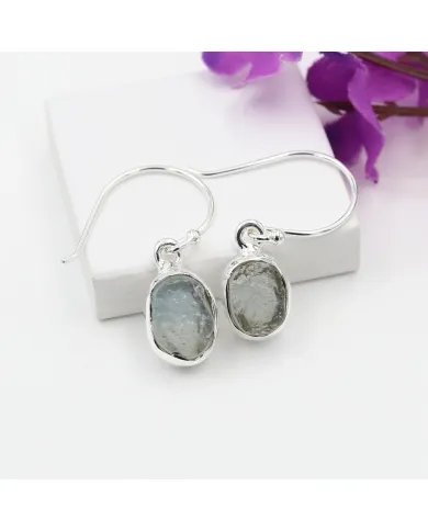 Natural Raw Aquamarine Earrings – 925 Sterling Silver Handmade Dangle Jewelry for Women