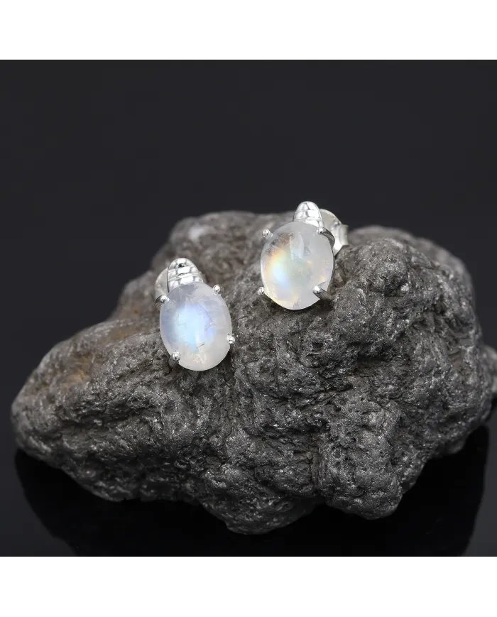 Natural Moonstone Stud Earrings – 925 Sterling Silver Handmade Minimalist Everyday Jewelry