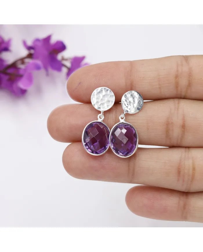 Natural Amethyst Dangle Earrings - 925 Sterling Silver Earrings Handmade Birthstone Jewelry