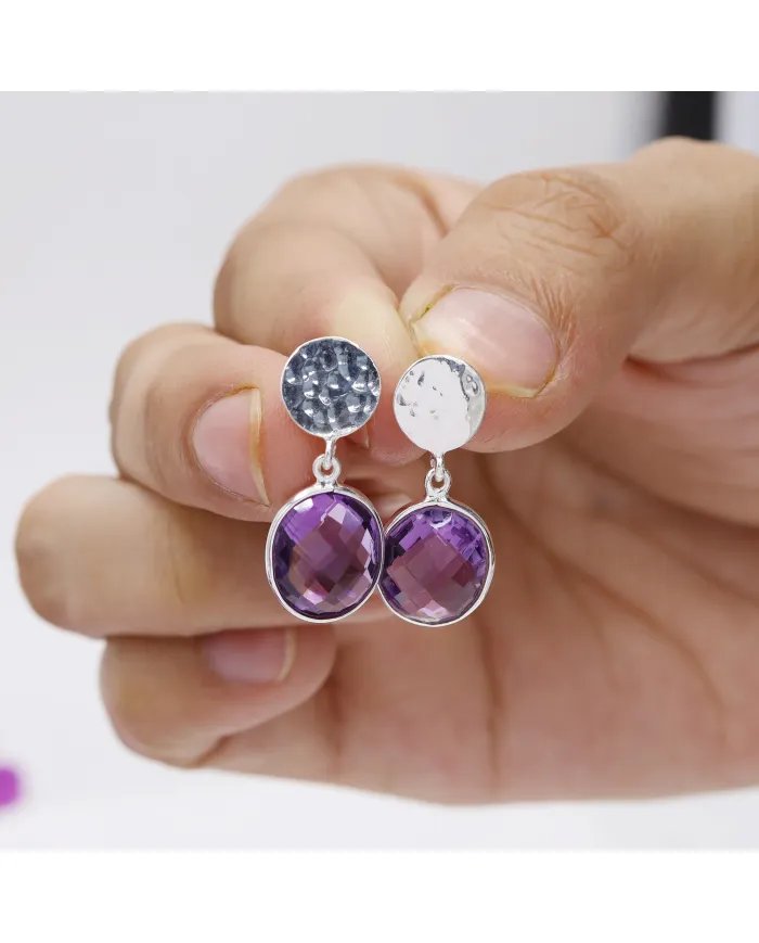 Natural Amethyst Dangle Earrings - 925 Sterling Silver Earrings Handmade Birthstone Jewelry