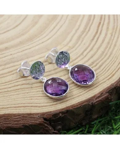 Natural Amethyst Dangle Earrings - 925 Sterling Silver Earrings Handmade Birthstone Jewelry